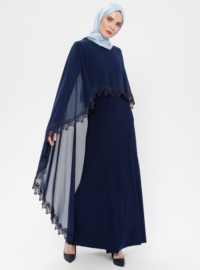 MODAYSA Lacivert Güpür Detaylı Abiye Elbise