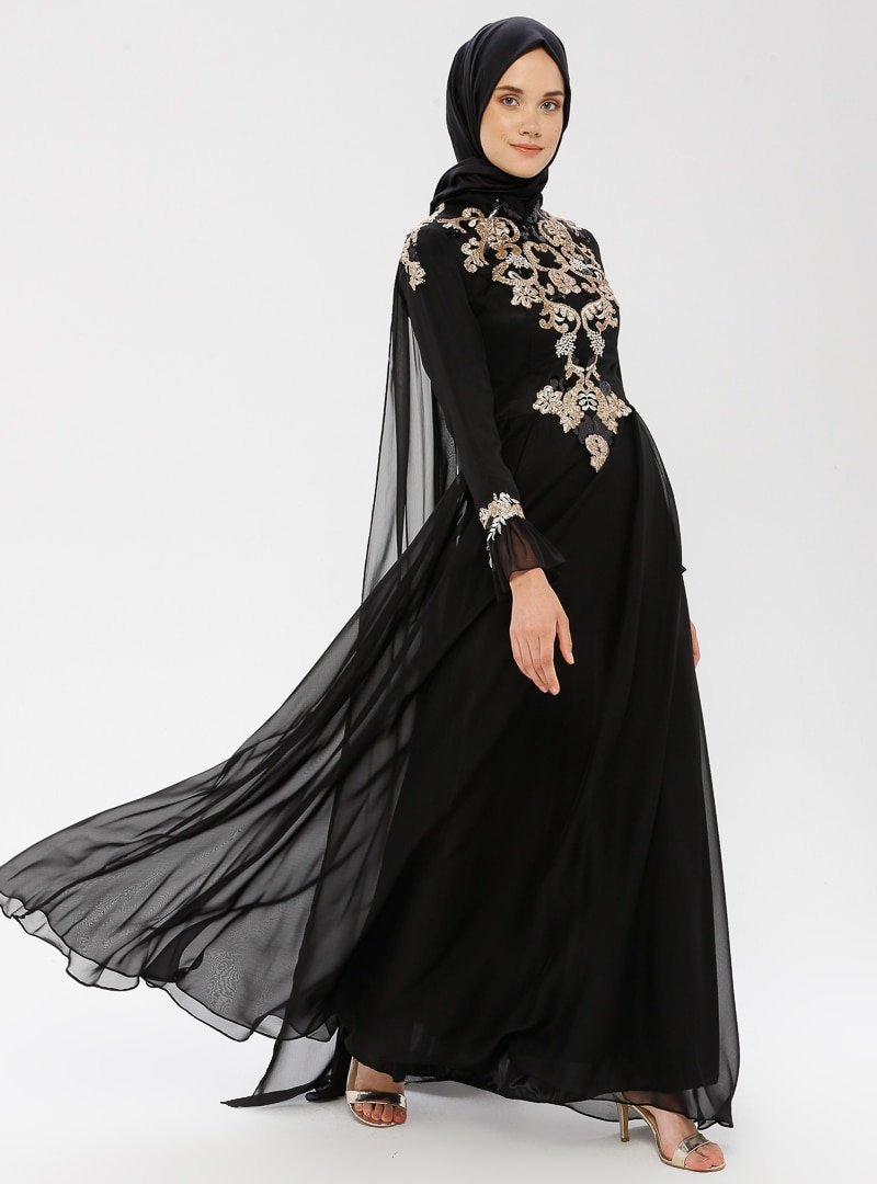 MODAYSA Siyah Payet Detaylı Abiye Elbise