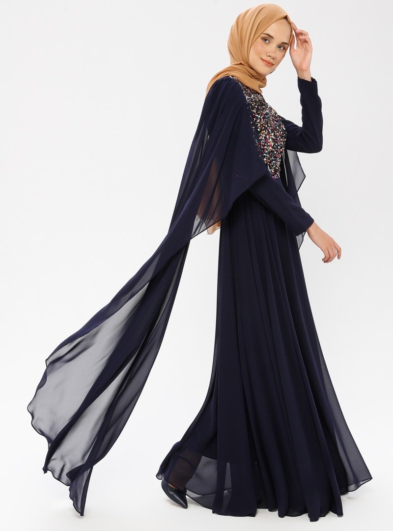 MODAYSA Lacivert Payet Detaylı Abiye Elbise