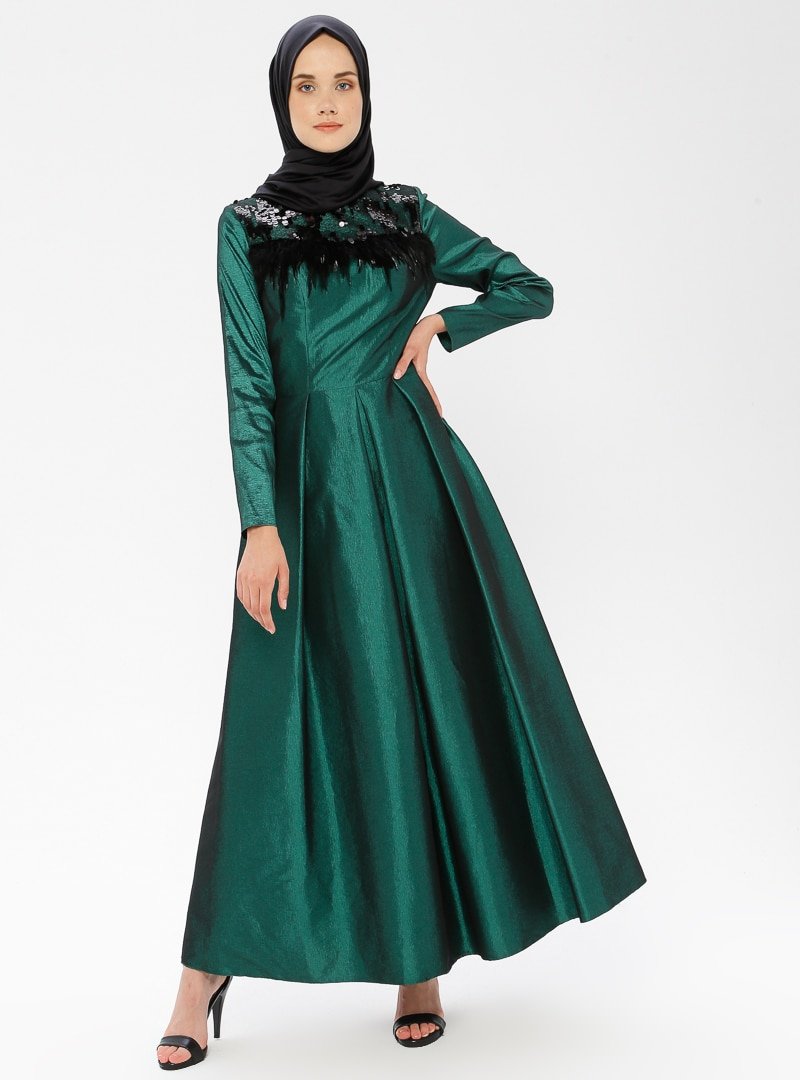 MODAYSA Yeşil Tüy Detaylı Abiye Elbise