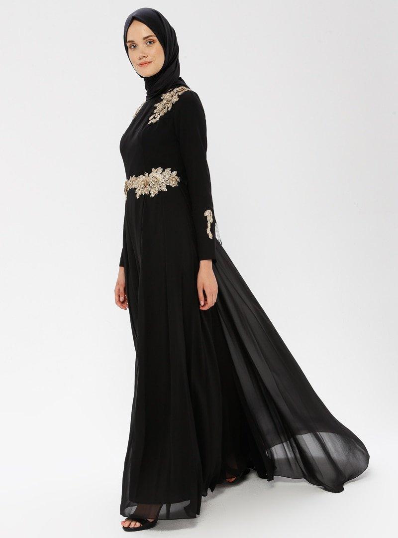 MODAYSA Siyah Güpür Detaylı Abiye Elbise