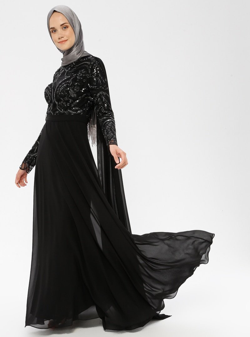 MODAYSA Siyah Şifon Detaylı Abiye Elbise