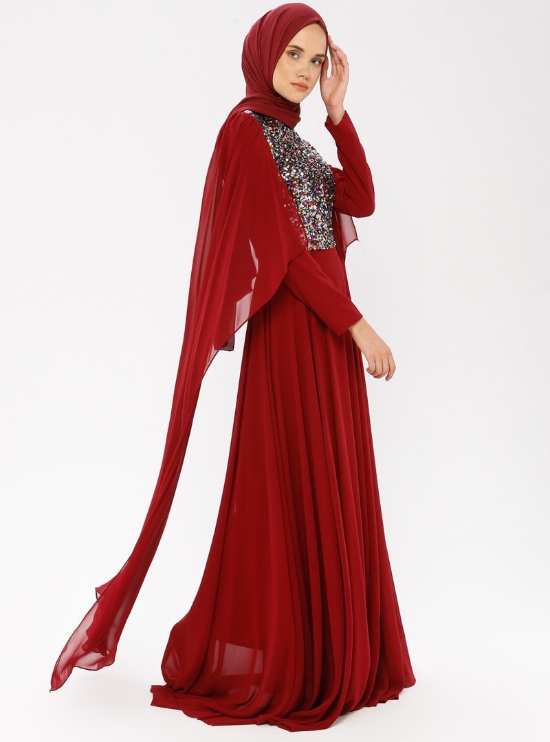 MODAYSA Bordo Payet Detaylı Abiye Elbise