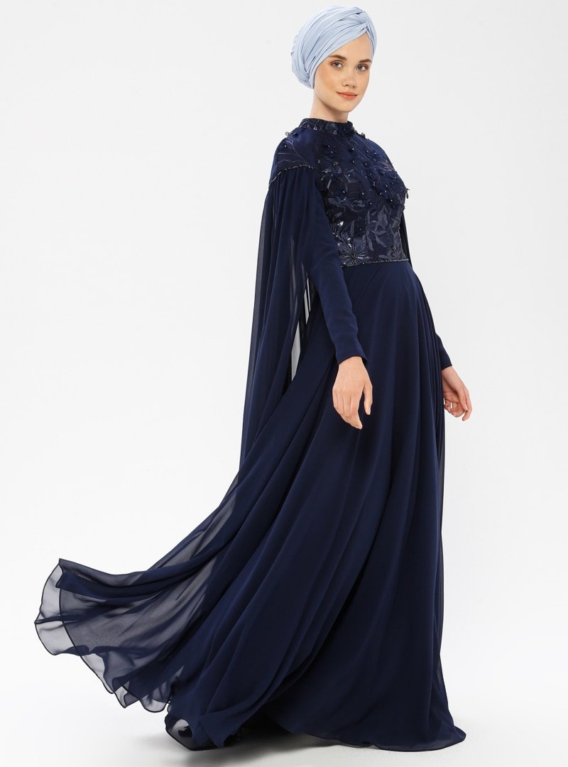 MODAYSA Lacivert Şifon Detaylı Abiye Elbise