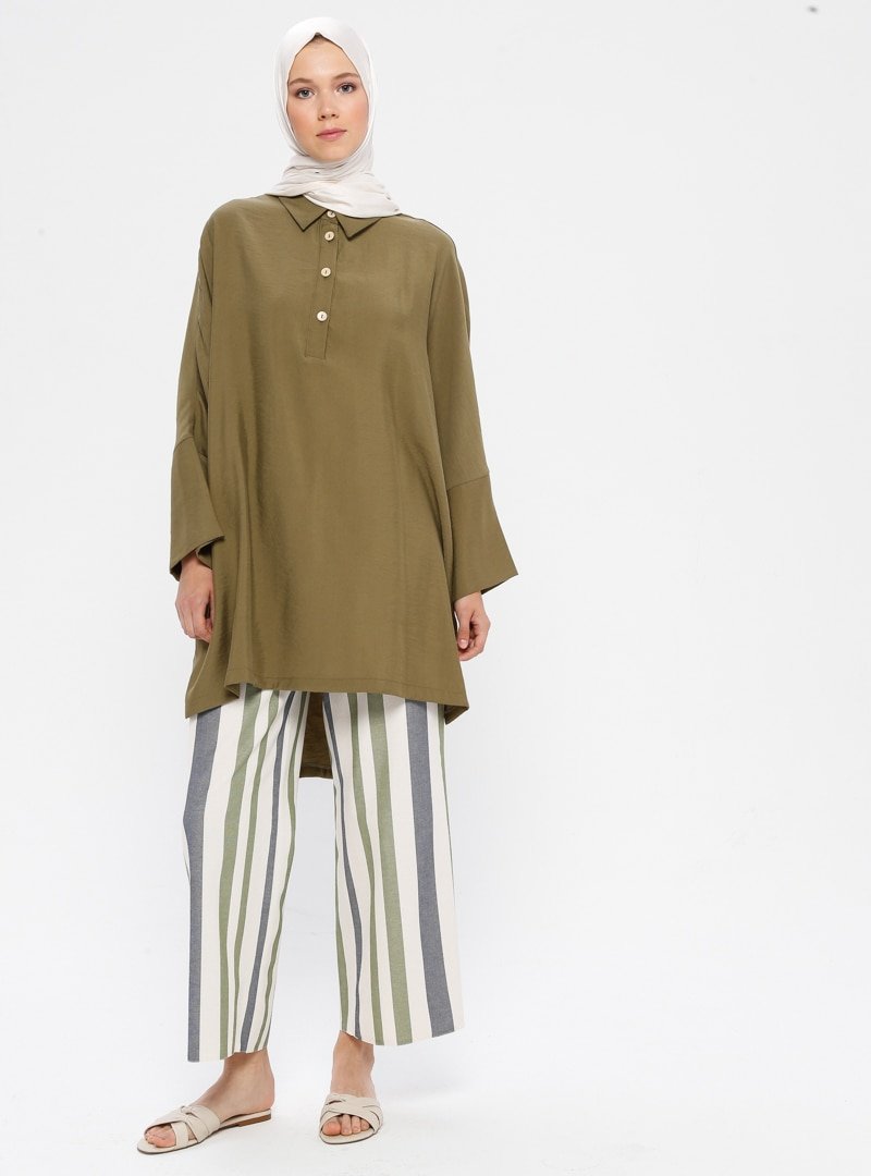 Moda Zenis Krem Yeşil Çizgili Bol Paça Pantolon
