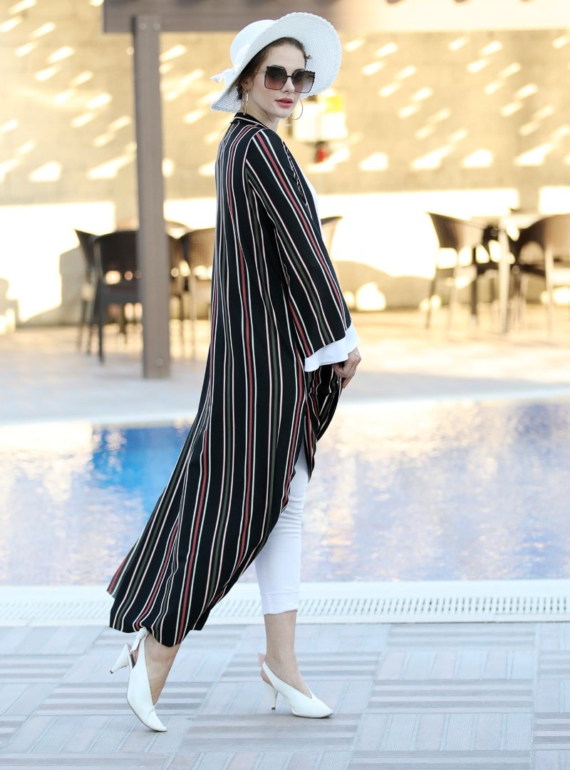Selma Sarı Design Siyah Fuşya Uzun Kimono Ceket