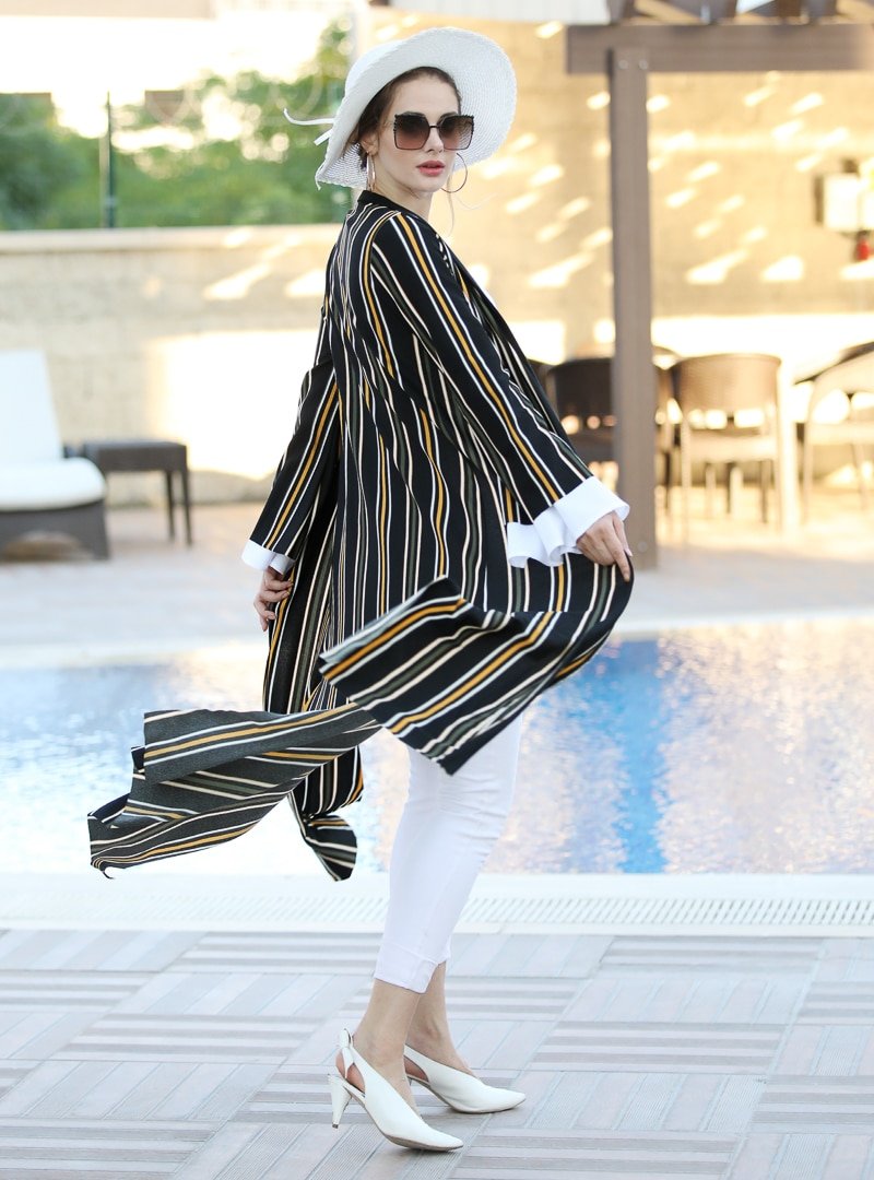 Selma Sarı Design Siyah Sarı Uzun Kimono Ceket