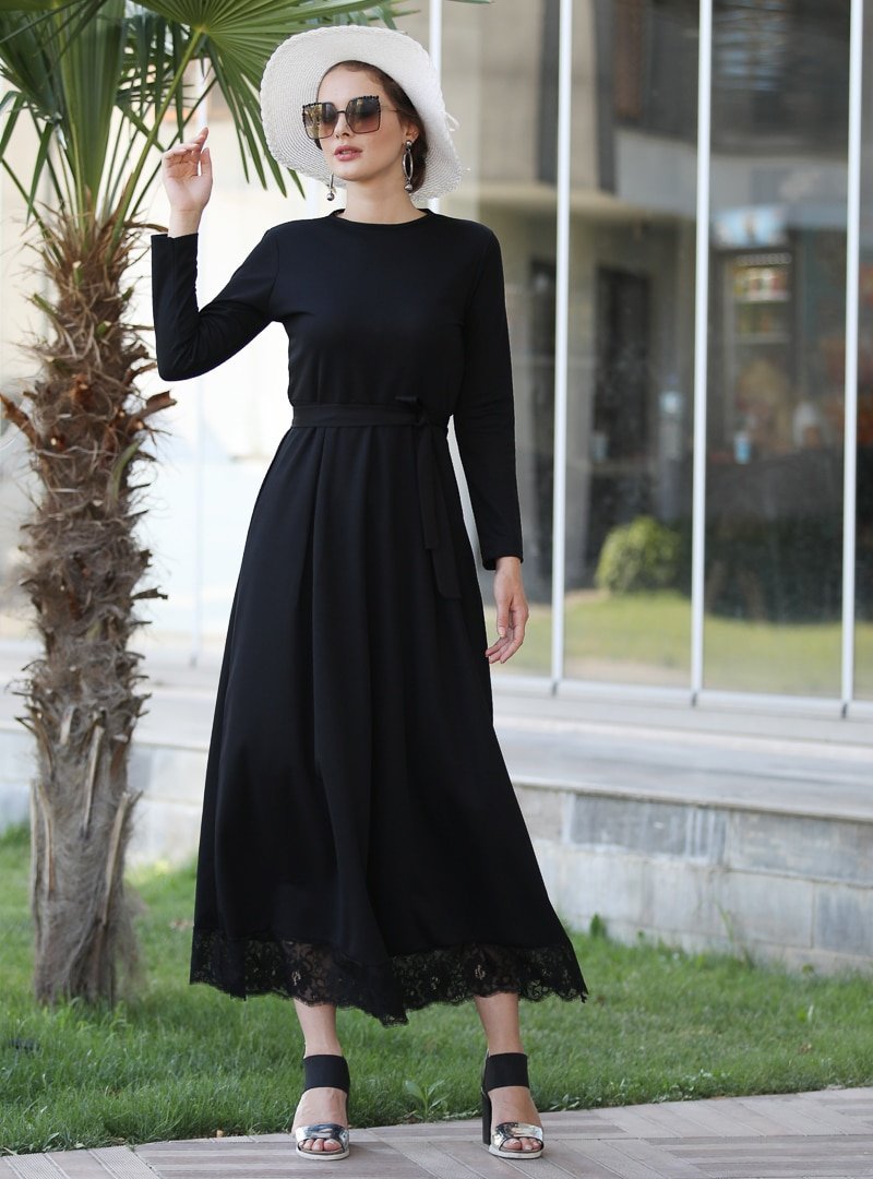 Selma Sarı Design Siyah Eteği Dantelli Elbise