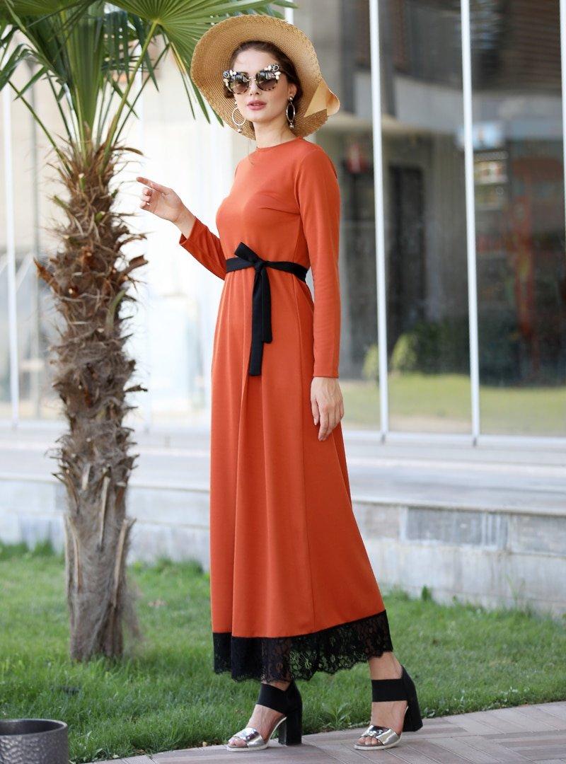 Selma Sarı Design Taba Eteği Dantelli Elbise