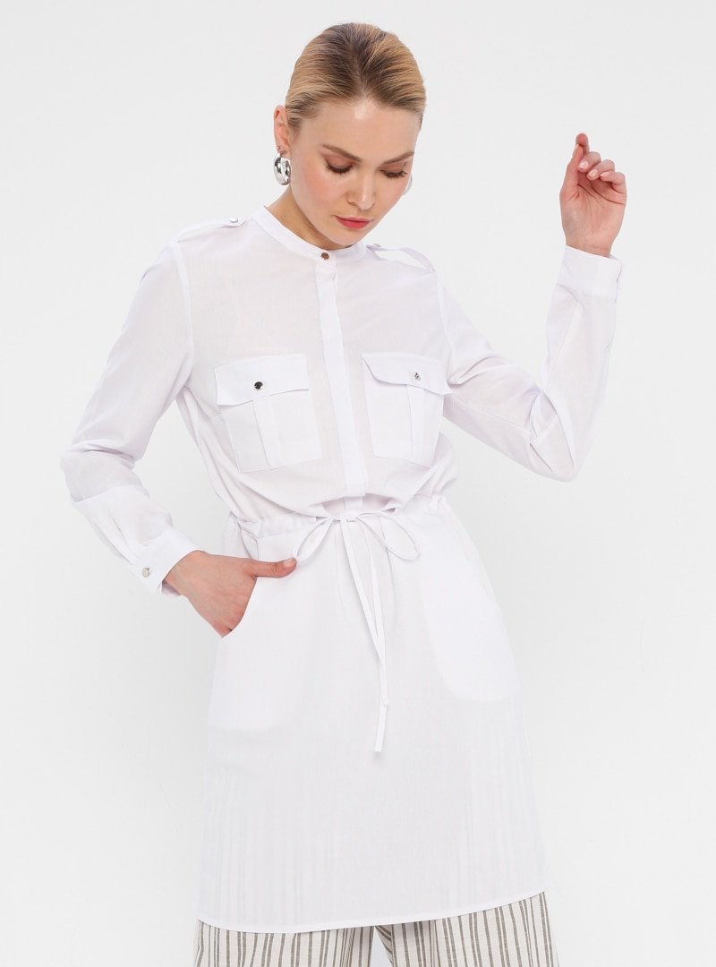 Fashion Light Beyaz Beli Büzgülü Tunik
