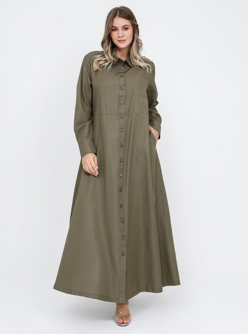 Alia Haki Doğal Kumaşlı Boydan Düğmeli Cepli Elbise