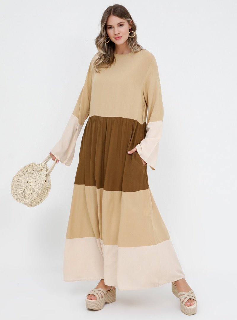 Alia Kum Beji Kahverengi Doğal Kumaşlı Garnili Elbise