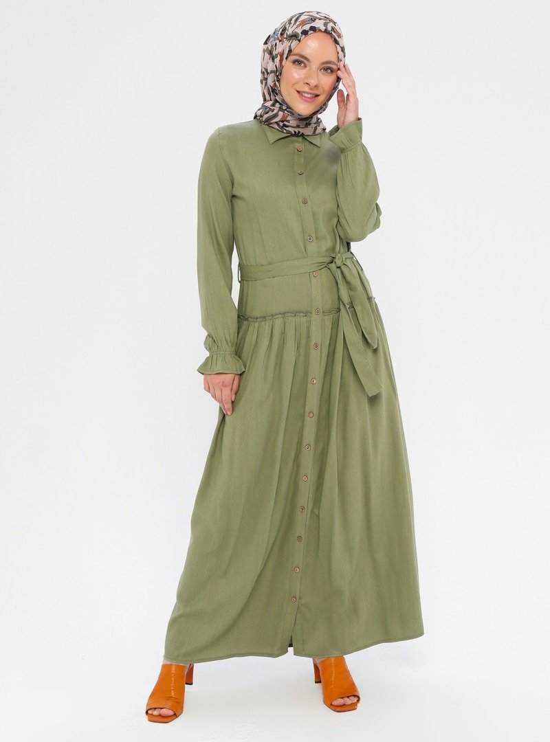 Sevit-Li Haki Boydan Düğmeli Elbise