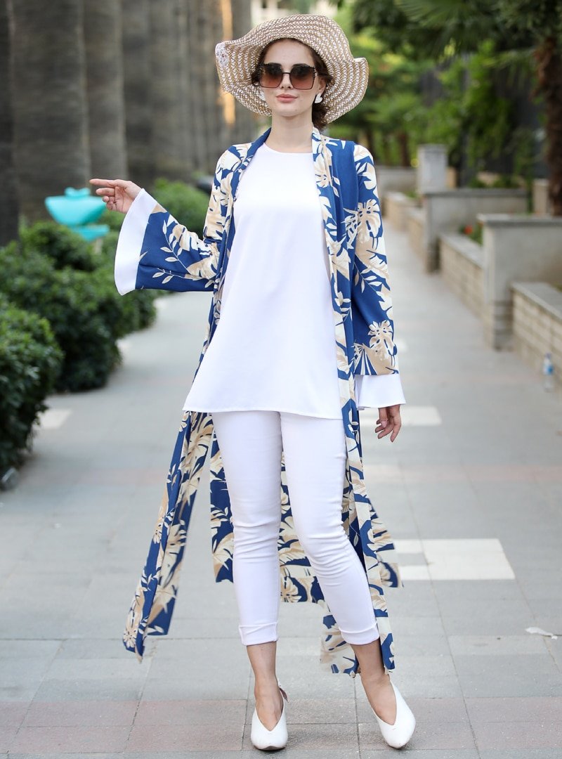 Selma Sarı Design Mavi Taş Rengi Uzun Kimono Ceket