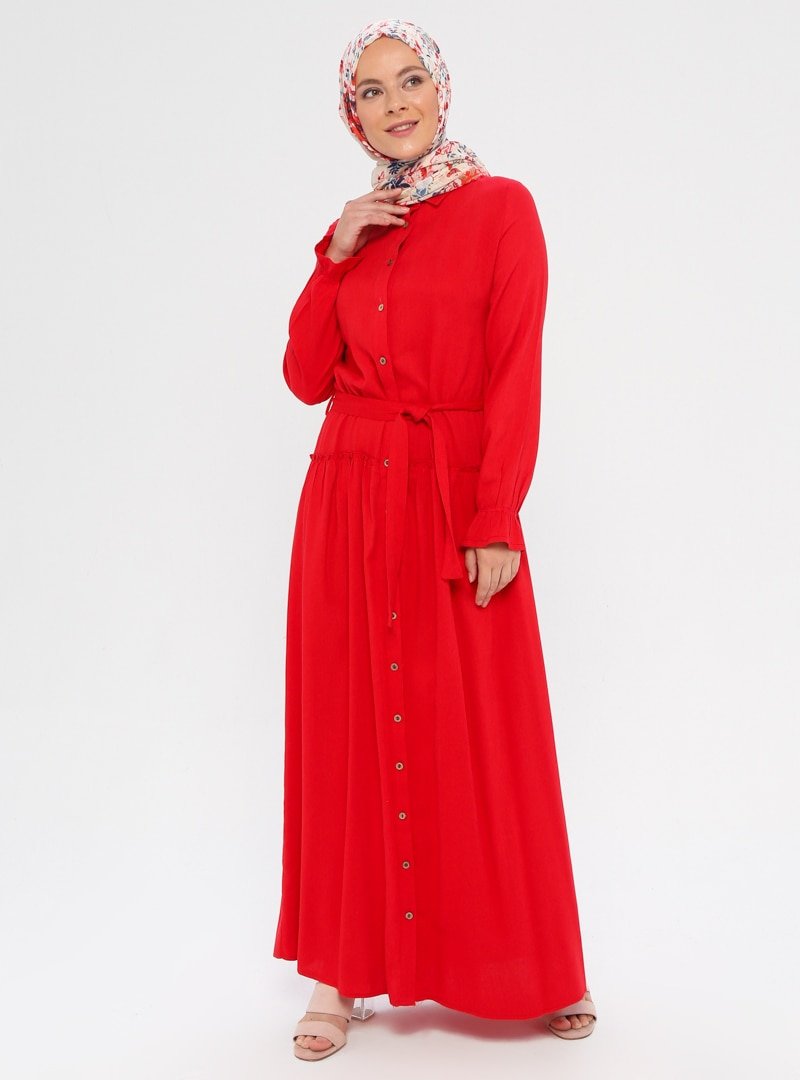 Sevit-Li Kırmızı Boydan Düğmeli Elbise