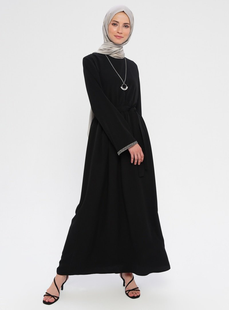 Sevit-Li Siyah Beli Lastikli Elbise