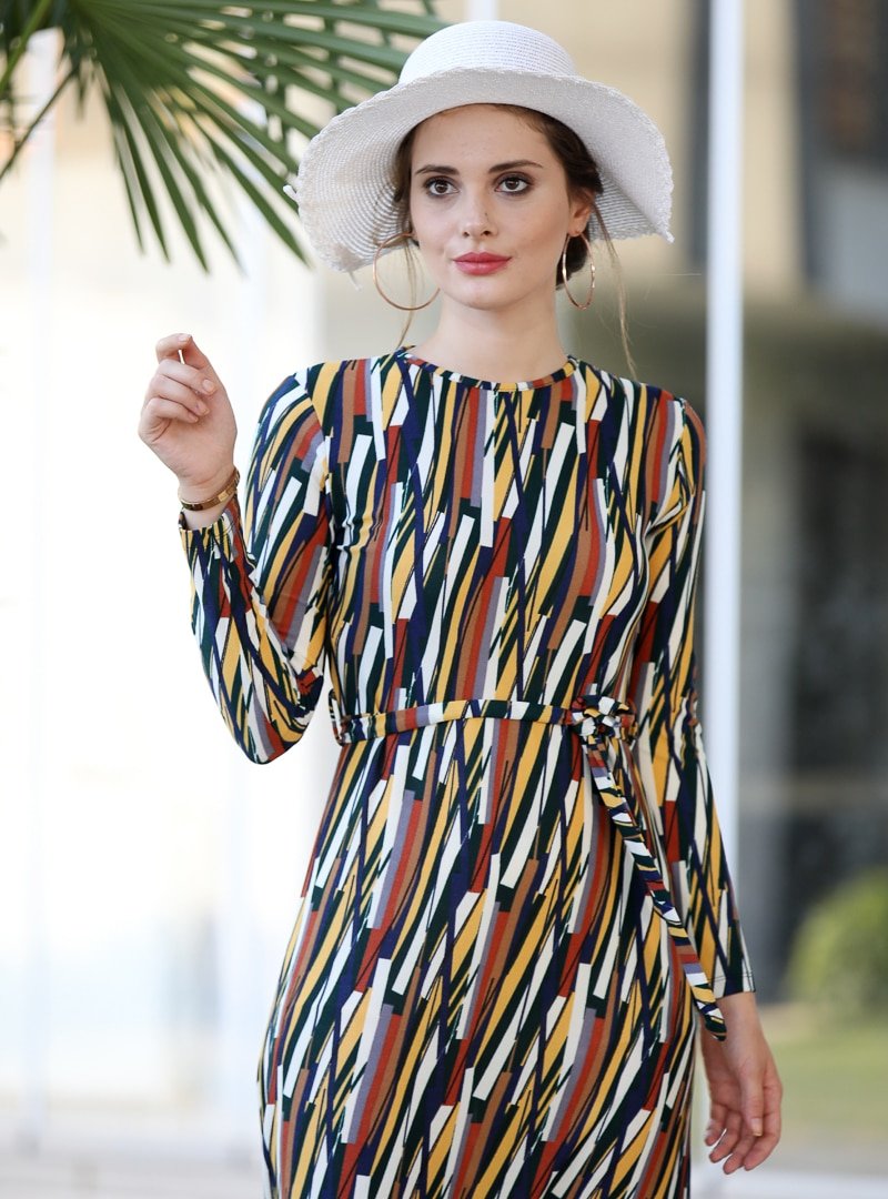 Selma Sarı Design Çok Renkli Lale Elbise