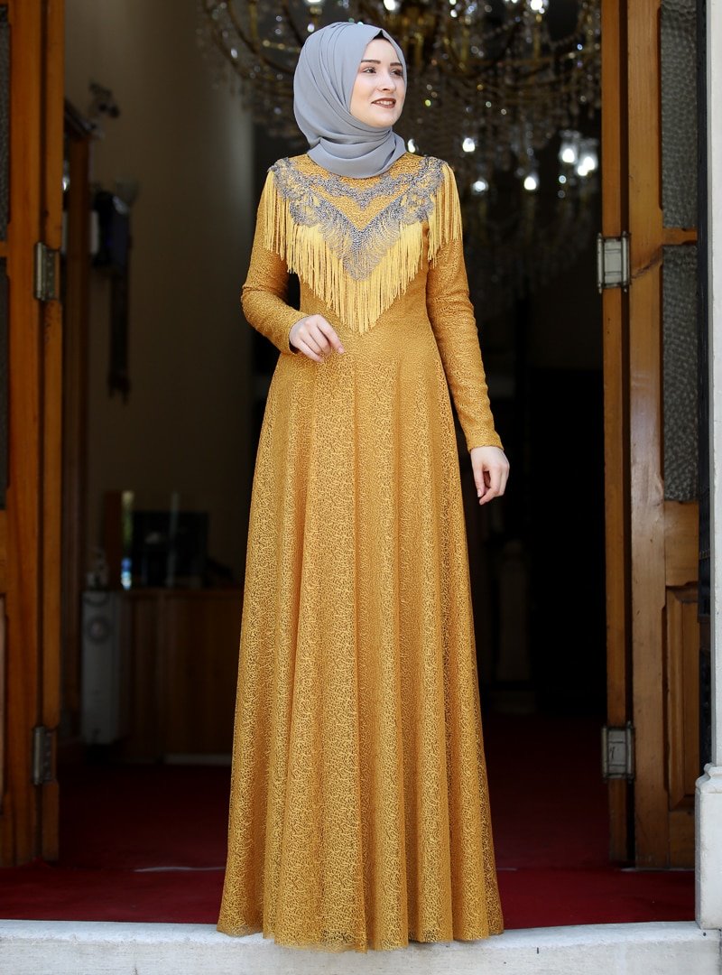 Rana Zenn Hardal Yaprak Abiye Elbise