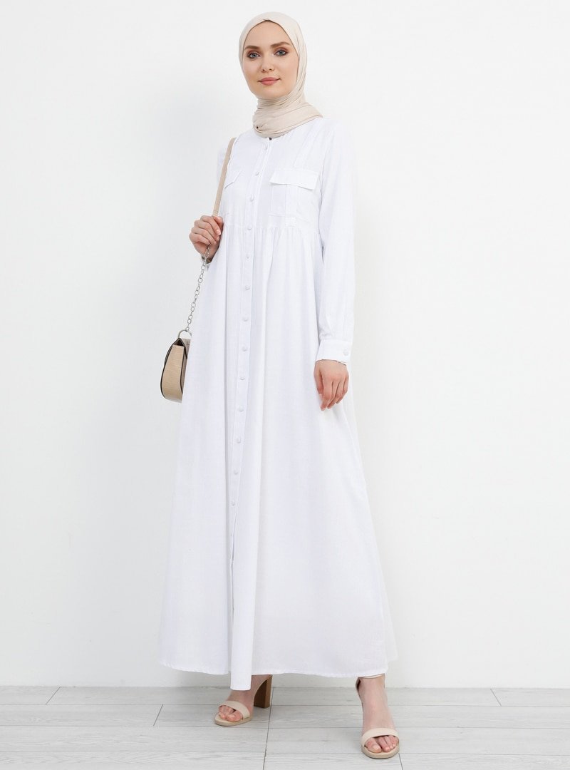 Refka Beyaz Doğal Kumaşlı Keten Elbise