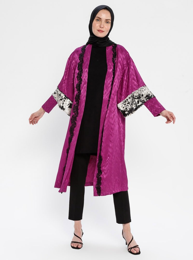 Mileny Fuşya Payet Detaylı Kimono Ceket