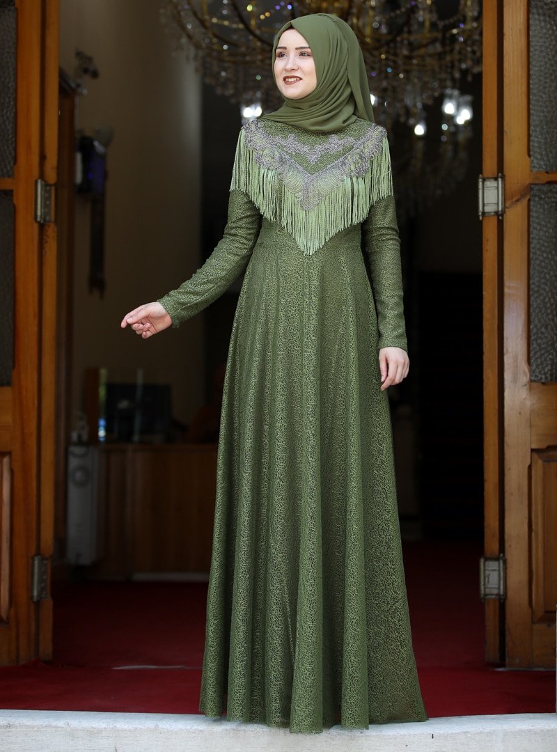 Rana Zenn Haki Yaprak Abiye Elbise