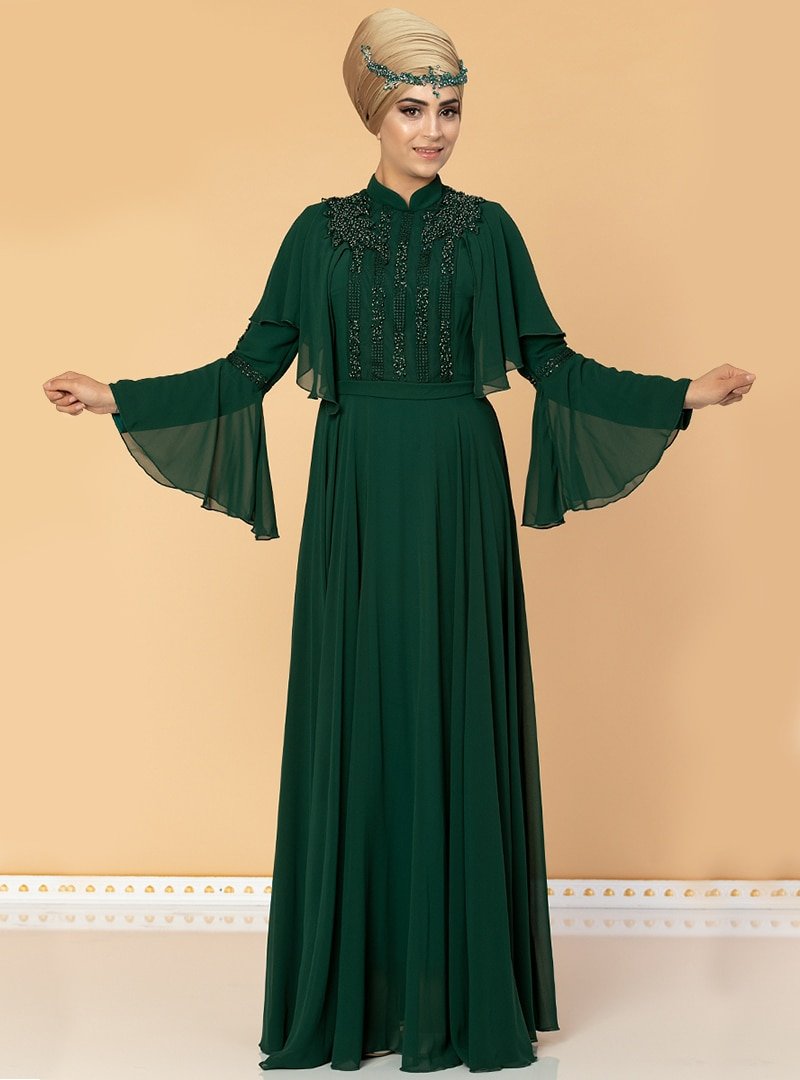 Moda Ravza Zümrüt Yeşili Hürrem Taşlı Şifon Abiye Elbise