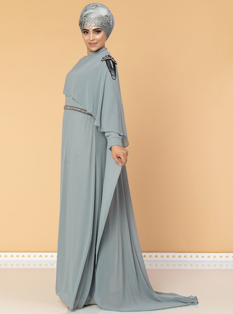 Moda Ravza Gri Almira Şifon Abiye Elbise