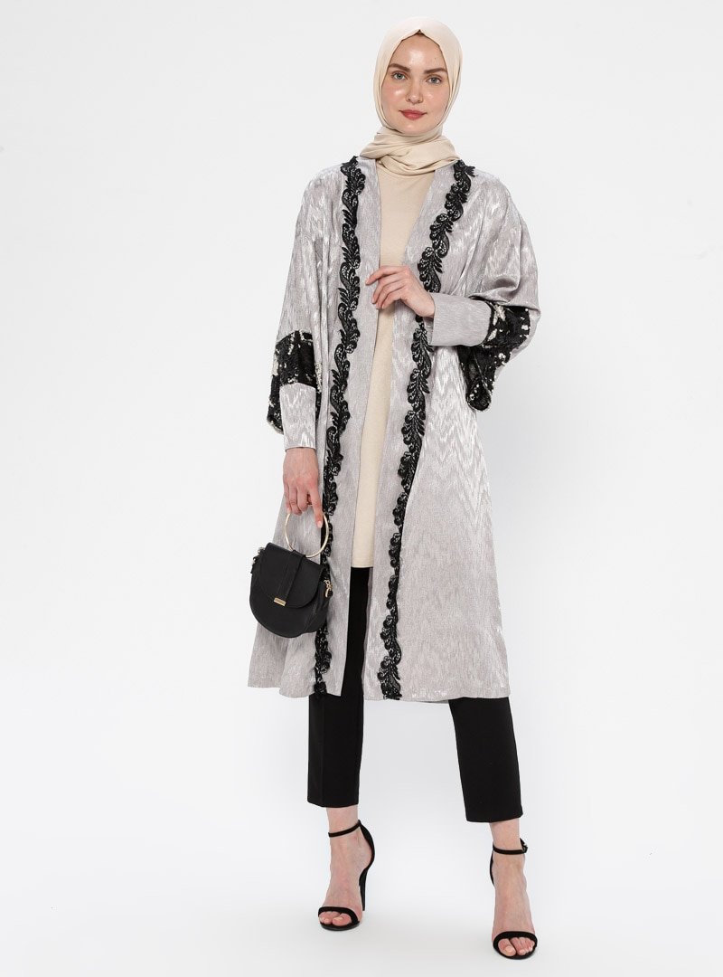 Mileny Gri Payet Detaylı Kimono Ceket