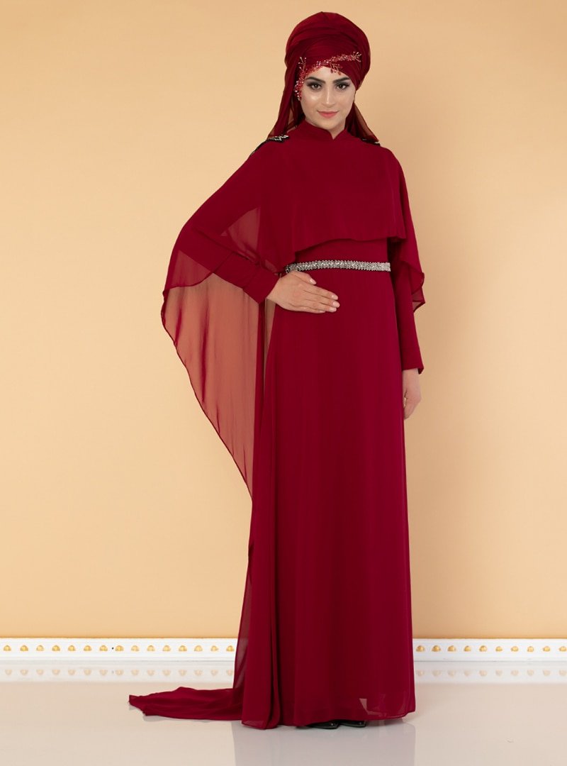 Moda Ravza Bordo Almira Şifon Abiye Elbise