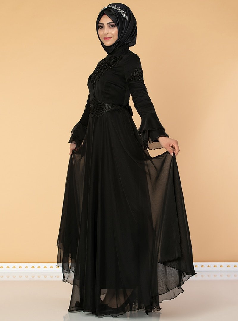 Moda Ravza Siyah Şivenaz Janjan Taşlı Abiye Elbise