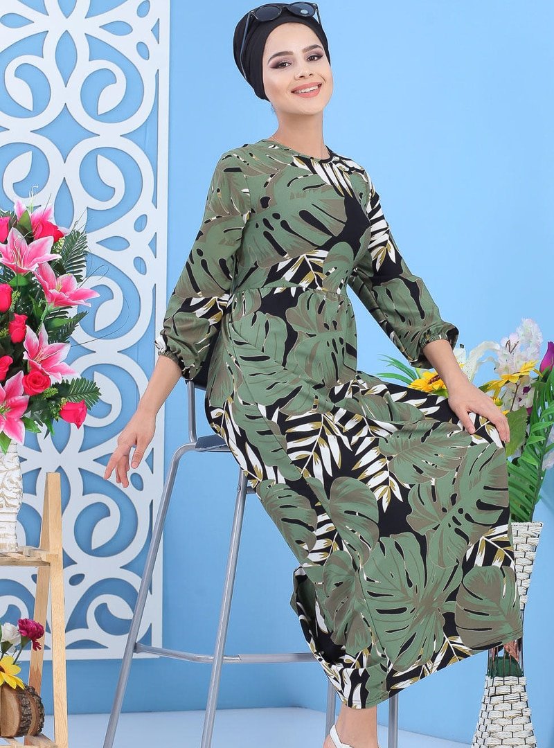 Tofisa Haki Yaprak Desenli Elbise