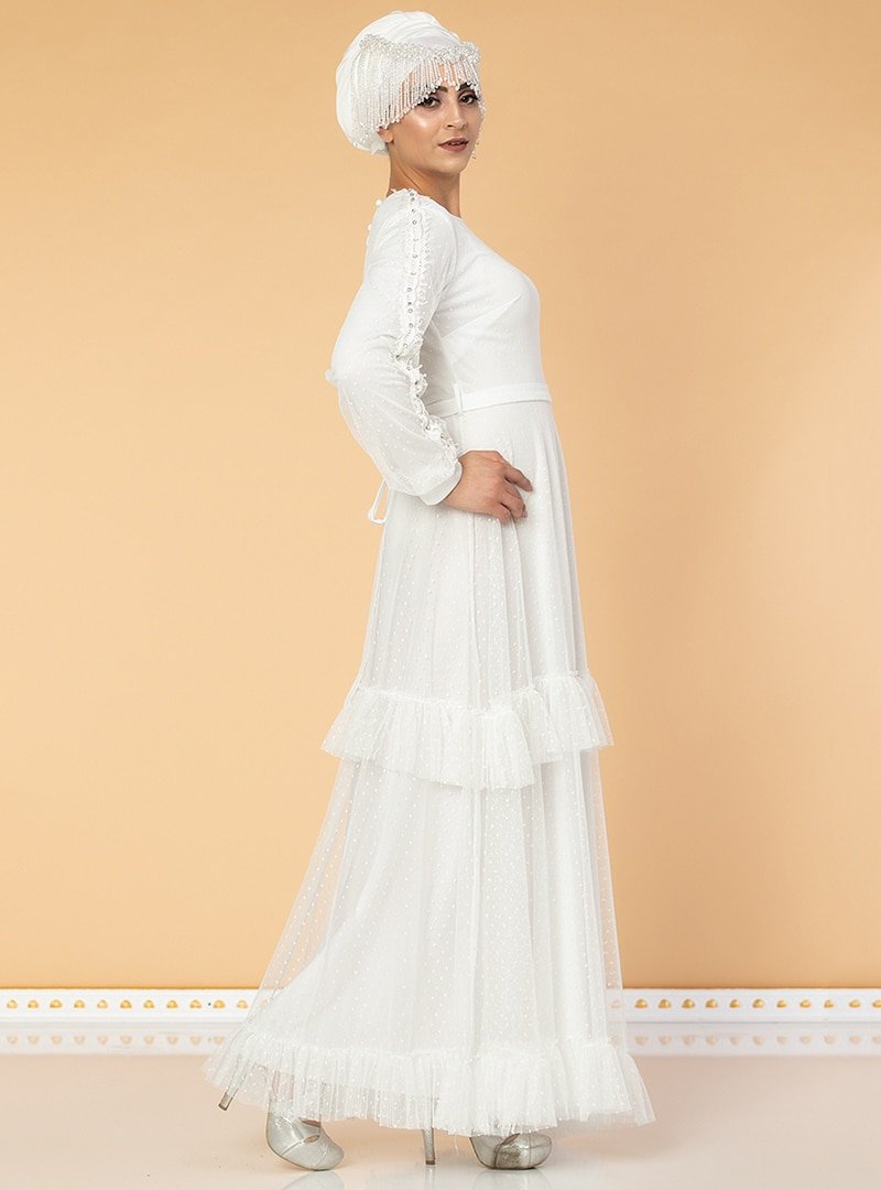 Moda Ravza Beyaz Fırfırlı Tüllü Abiye Elbise