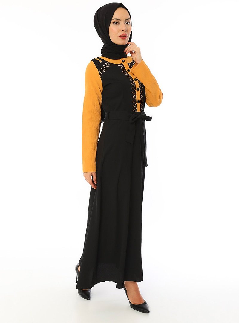 APSEN Siyah Hardal Asya Kırınkıl Elbise