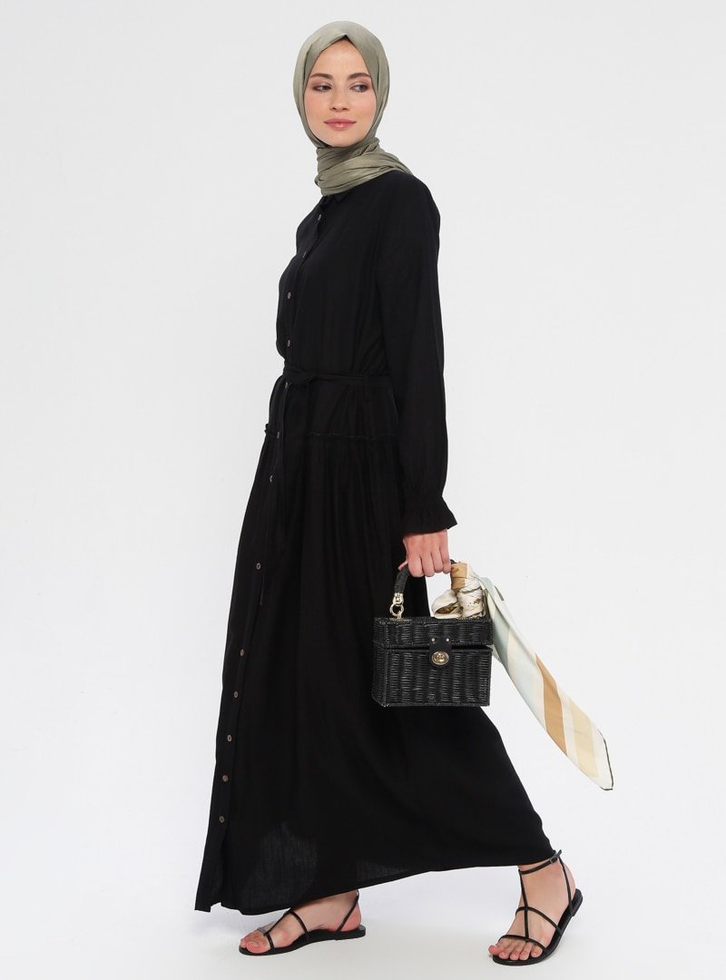 Sevit-Li Siyah Boydan Düğmeli Elbise