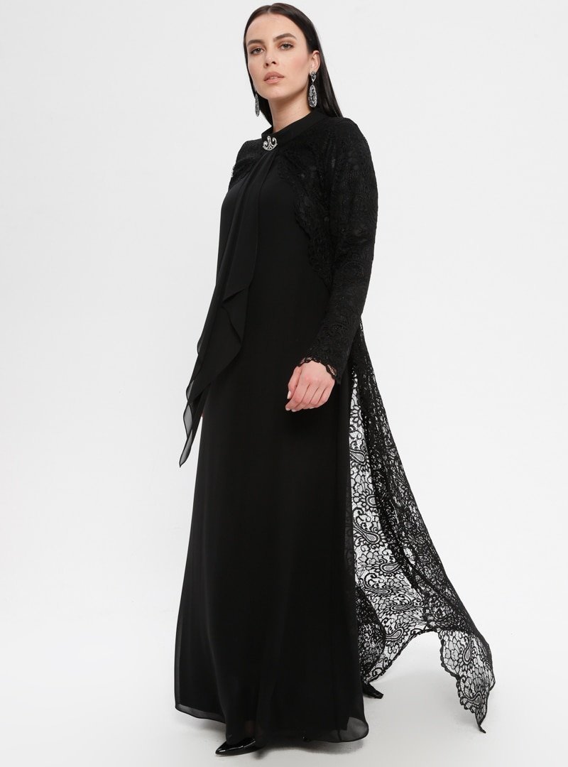 Sevdem Abiye Siyah Dantelli Abiye Elbise