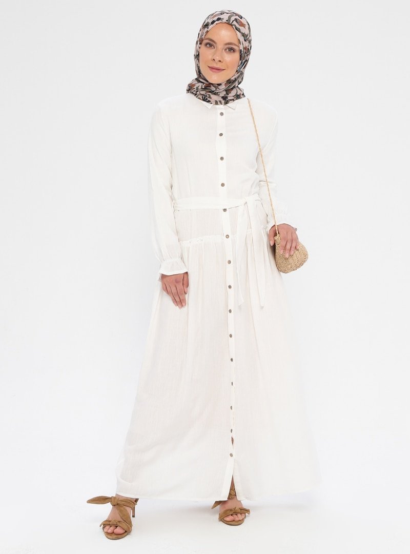 Sevit-Li Beyaz Boydan Düğmeli Elbise