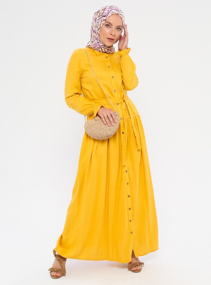 Sevit-Li Sarı Boydan Düğmeli Elbise