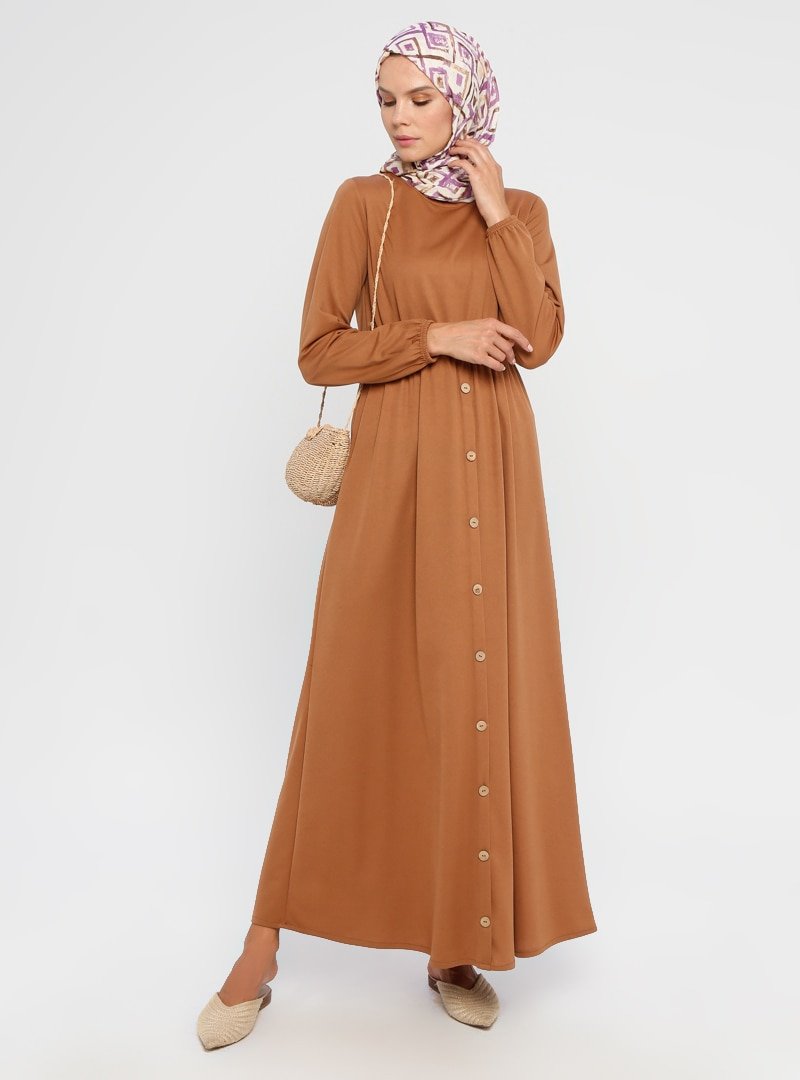 Filiz Fashion Camel Düğme Detaylı Elbise