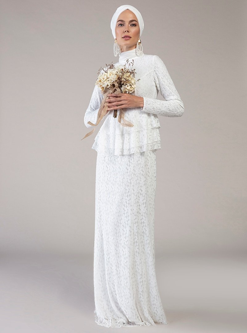Mwedding Beyaz Dantelli Abiye Elbise