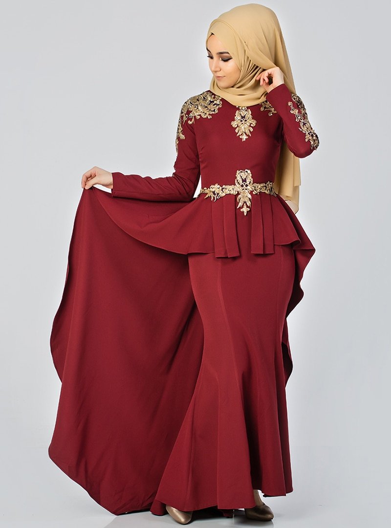 Moda Ravza Bordo Gizem Abiye Elbise