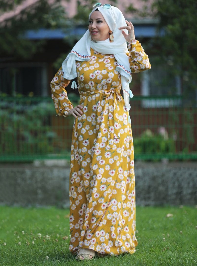 Esra Üstün Sarı Çiçek Desenli Elbise