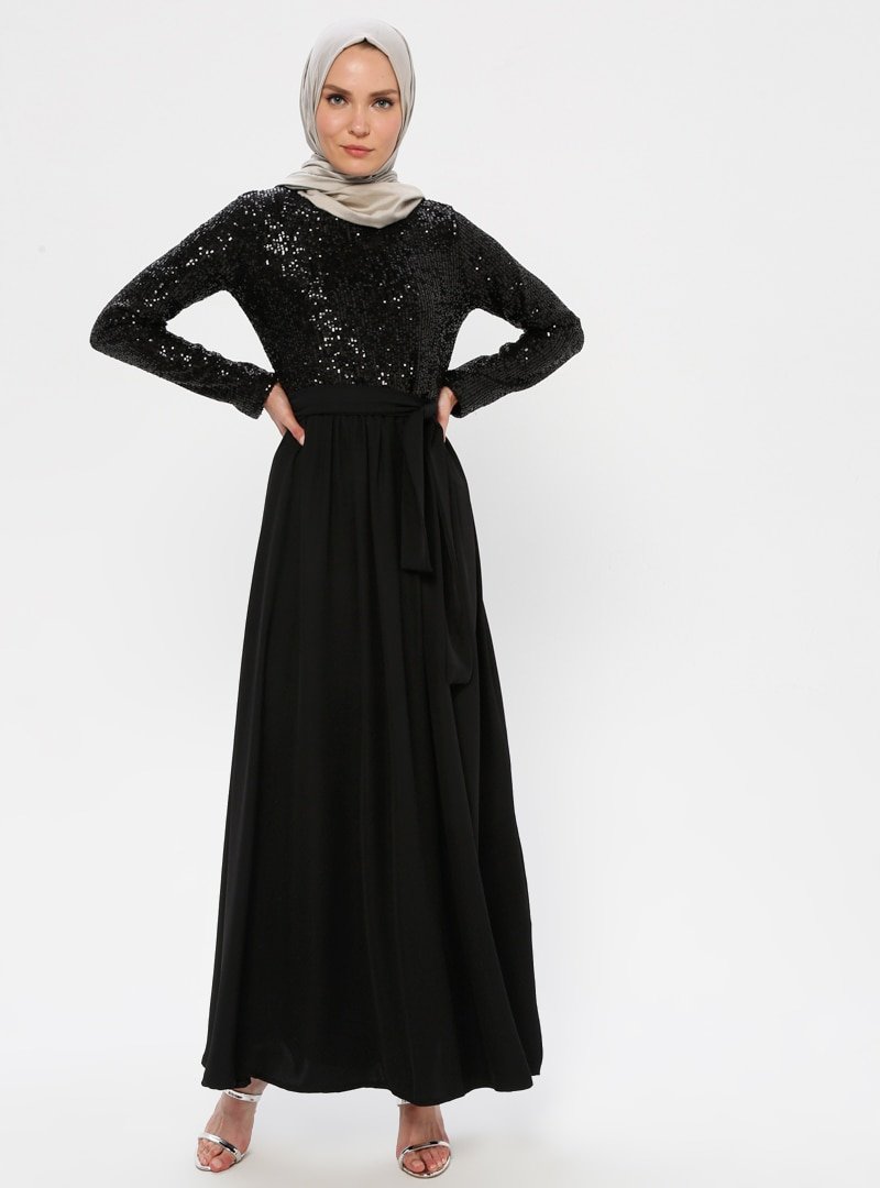 Filizzade Siyah Payetli Abiye Elbise