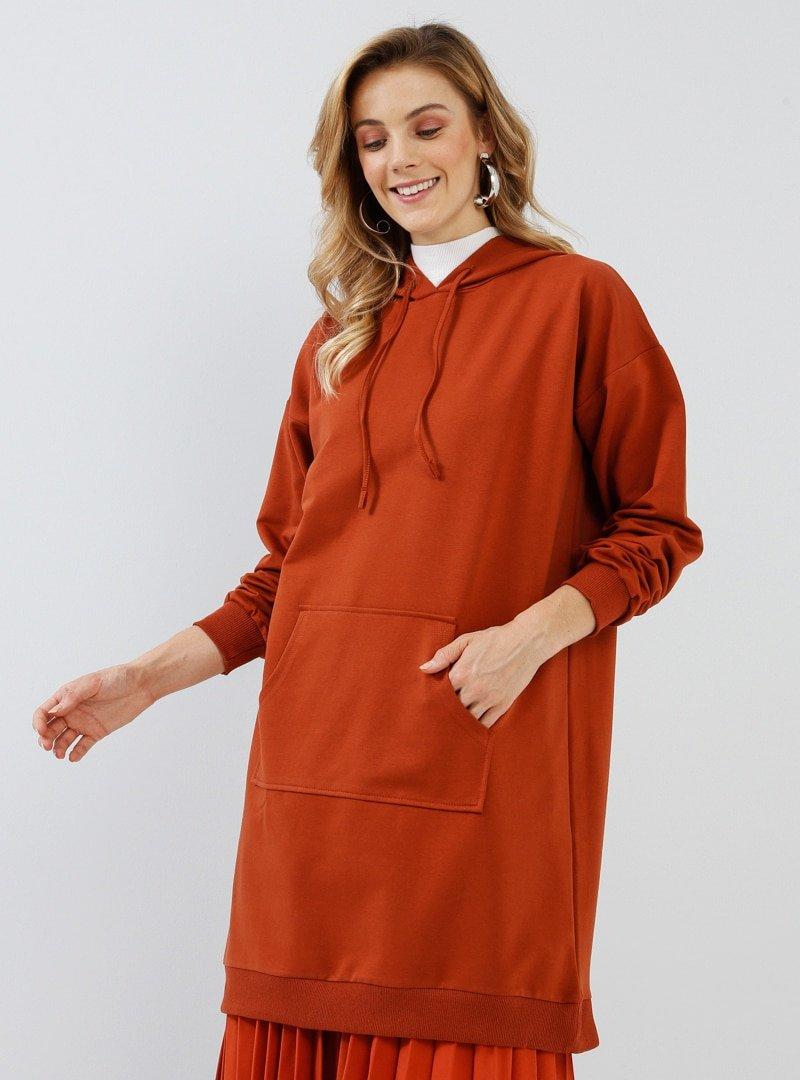 Everyday Basic Koyu Tarçın Kapüşonlu Spor Tunik