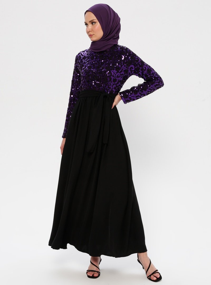 Filizzade Mor Siyah Payetli Abiye Elbise