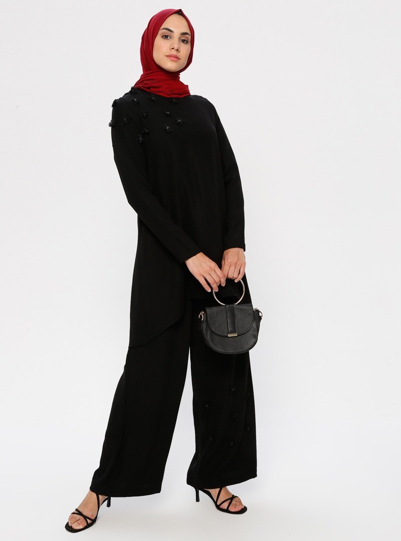 Puane Siyah Çiçek Detaylı Tunik&Pantolon İkili Takım