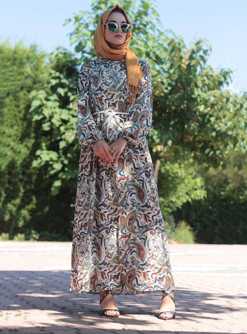 Fatma Aydın Krem Desenli Elbise