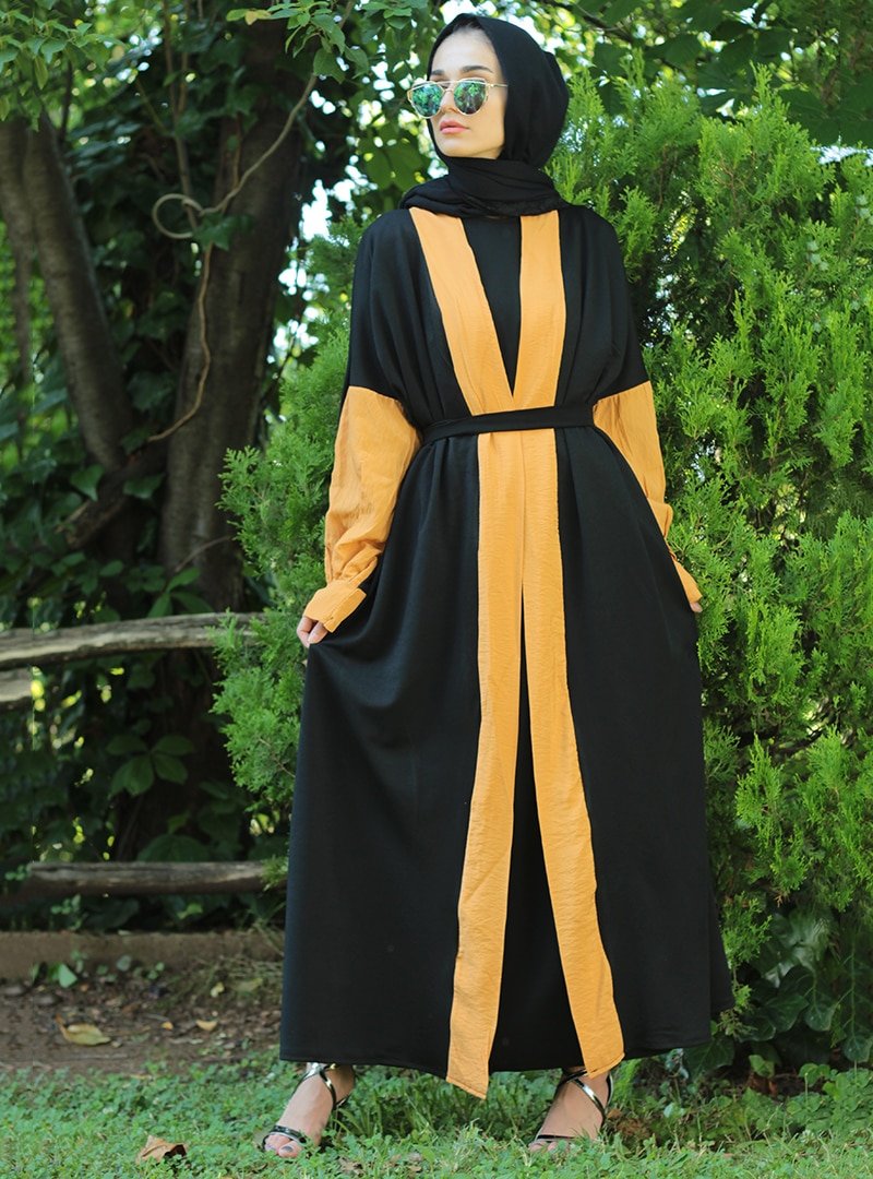 Fatma Aydın Siyah Sarı Abaya Elbise