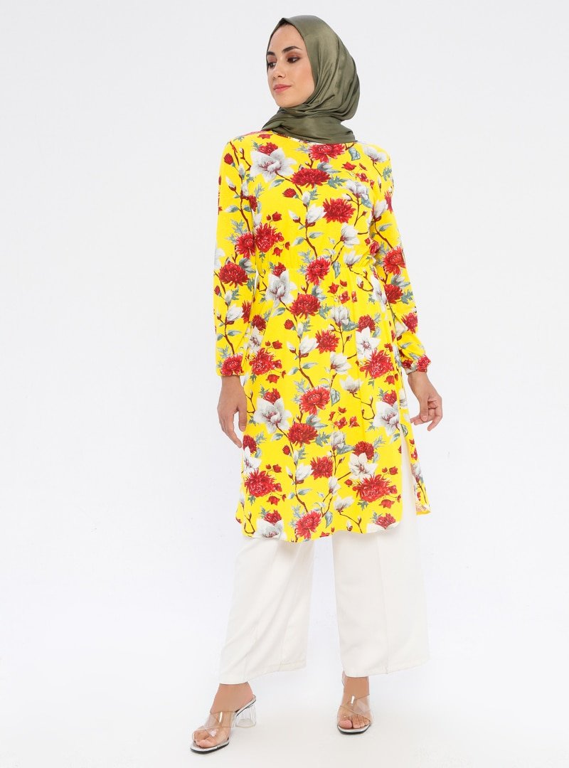 Filiz Fashion Sarı Çiçek Desenli Tunik