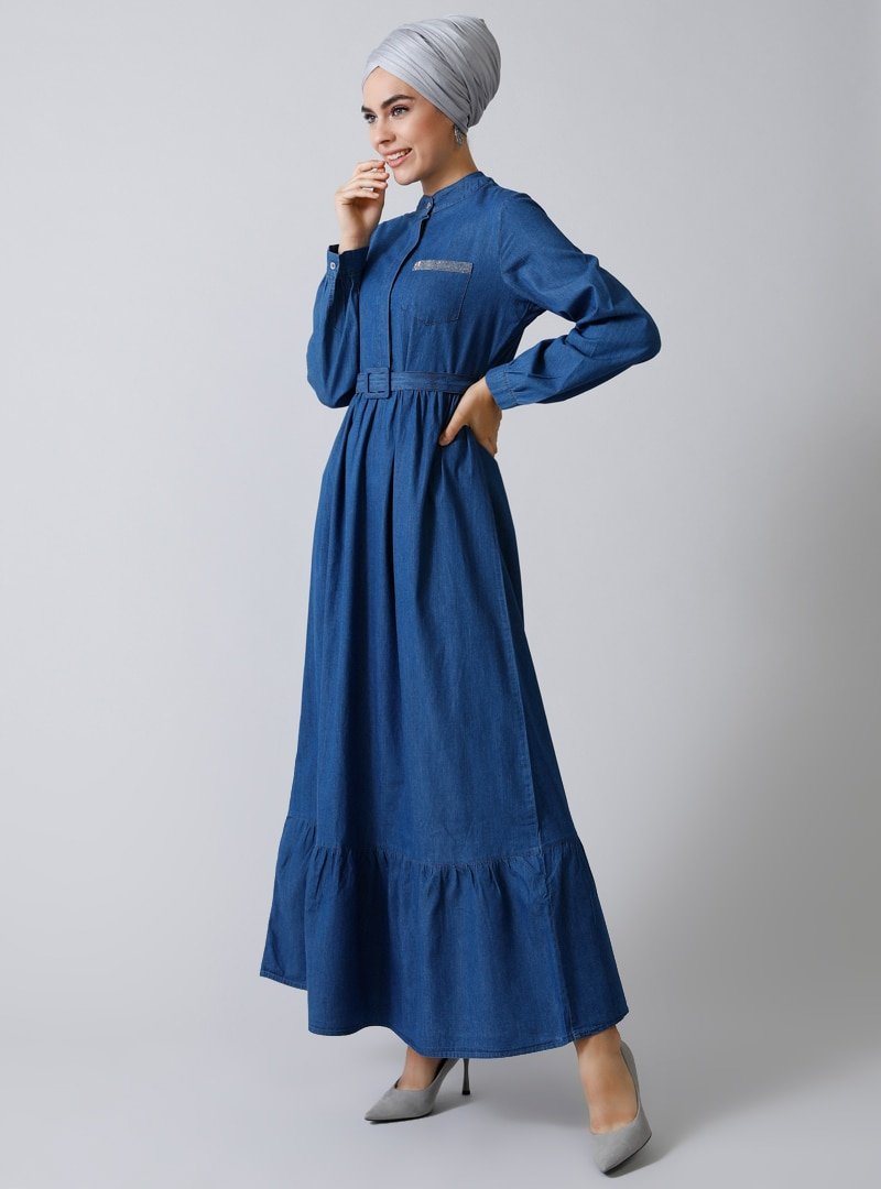 Refka Mavi Doğal Kumaşlı Drop Baskılı Kot Elbise