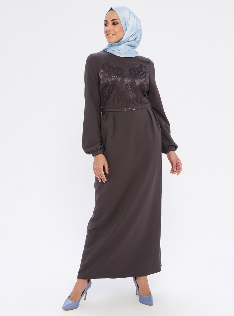 Loreen By Puane Gri Taş Baskılı Elbise